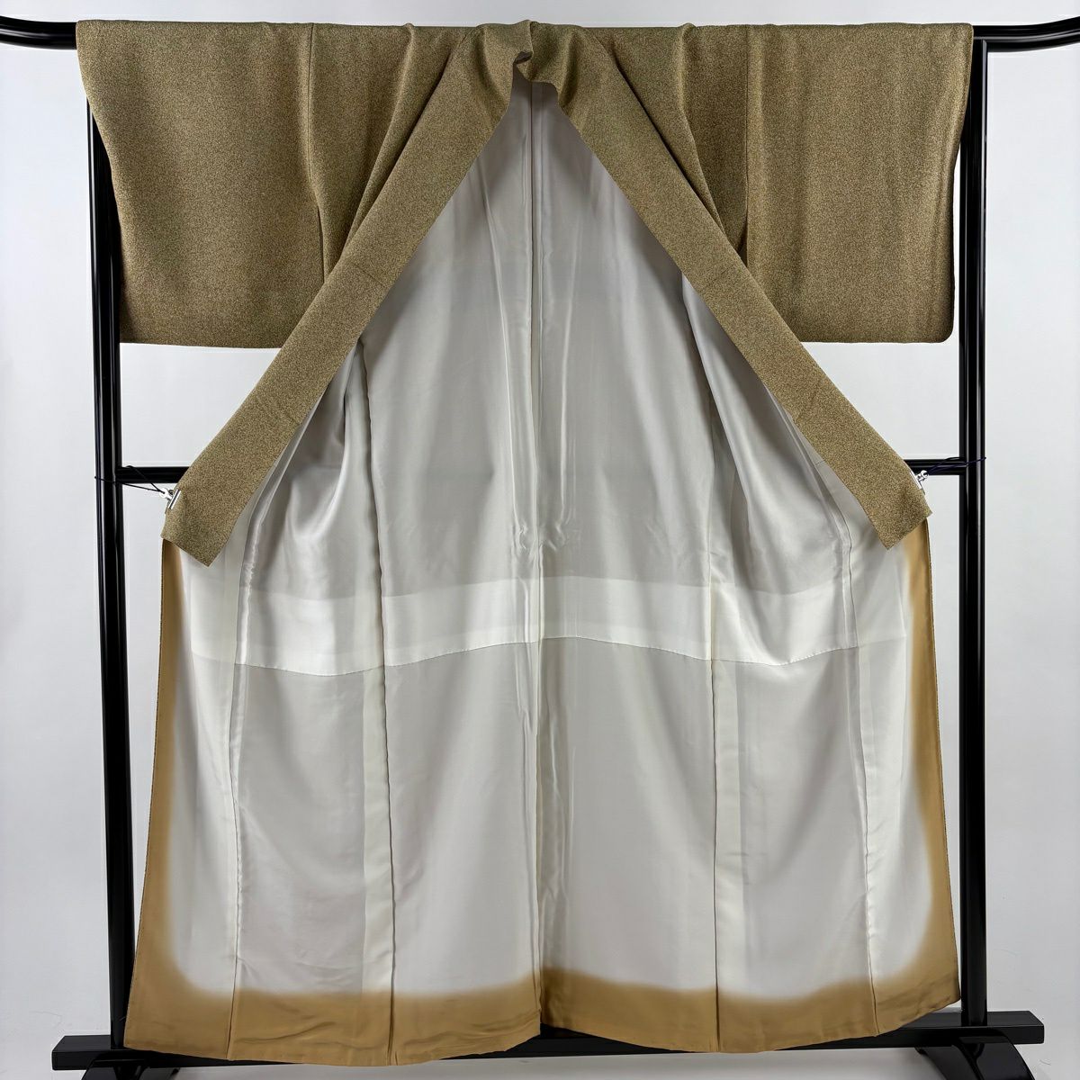 【美品】 小紋 身長158cm 袖長67cm M 雙層 落款あり 幾何学 ぼかし 米色 純蠶絲 秀品級 一つ紋