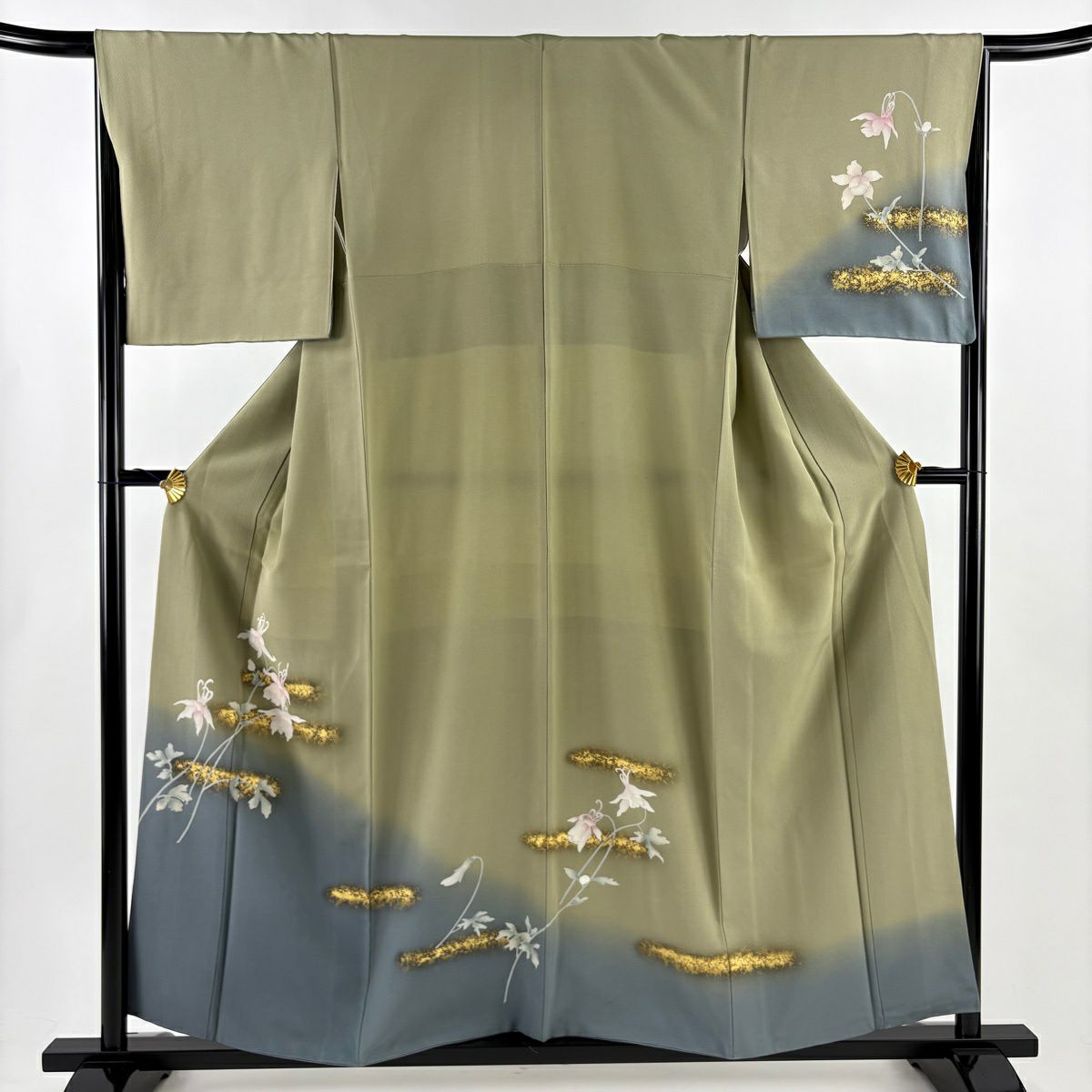 【美品】訪問服 身長157cm 袖長66cm M 雙層 草花紋紋 霞 金彩裝飾 染分 よもぎ色 純蠶絲 秀品級