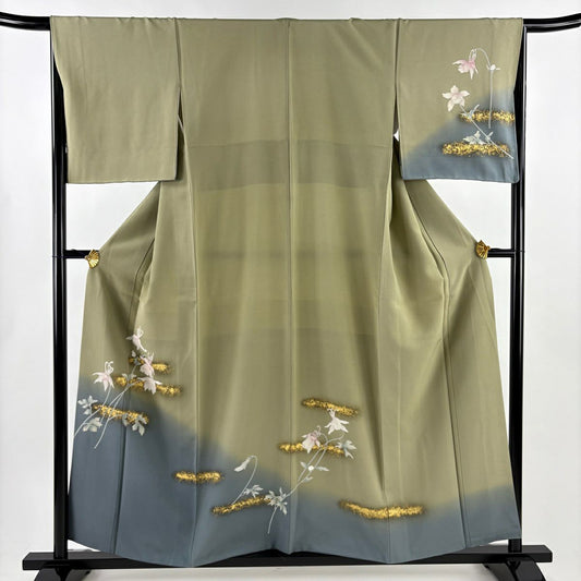 【美品】訪問服 身長157cm 袖長66cm M 雙層 草花紋紋 霞 金彩裝飾 染分 よもぎ色 純蠶絲 秀品級