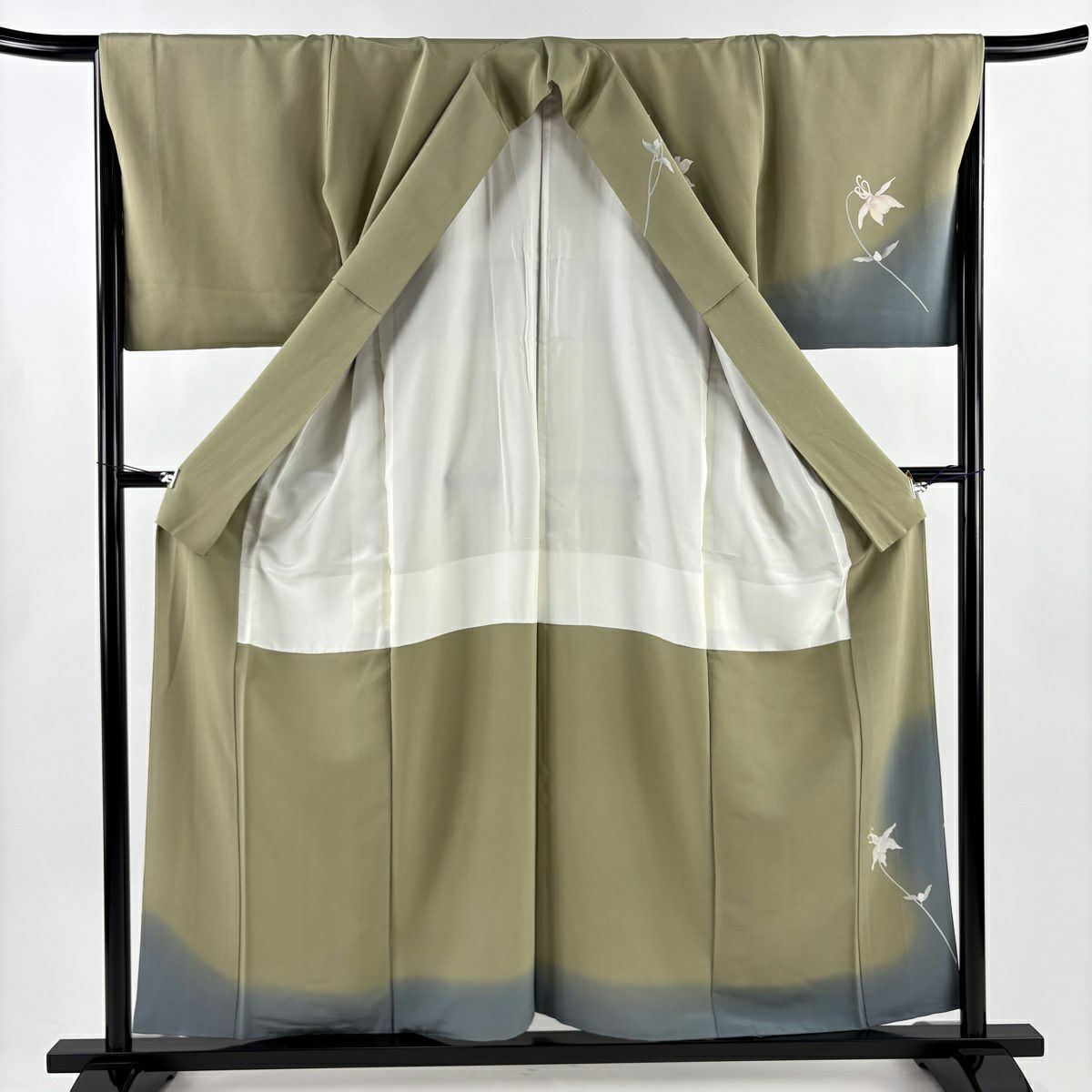 【美品】訪問服 身長157cm 袖長66cm M 雙層 草花紋紋 霞 金彩裝飾 染分 よもぎ色 純蠶絲 秀品級