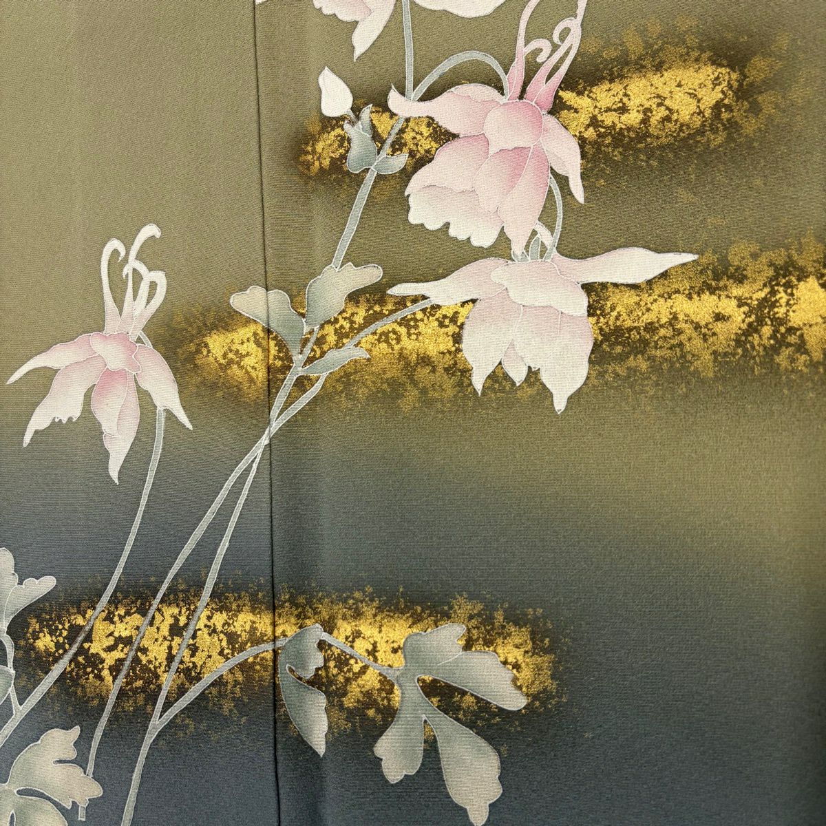 【美品】訪問服 身長157cm 袖長66cm M 雙層 草花紋紋 霞 金彩裝飾 染分 よもぎ色 純蠶絲 秀品級