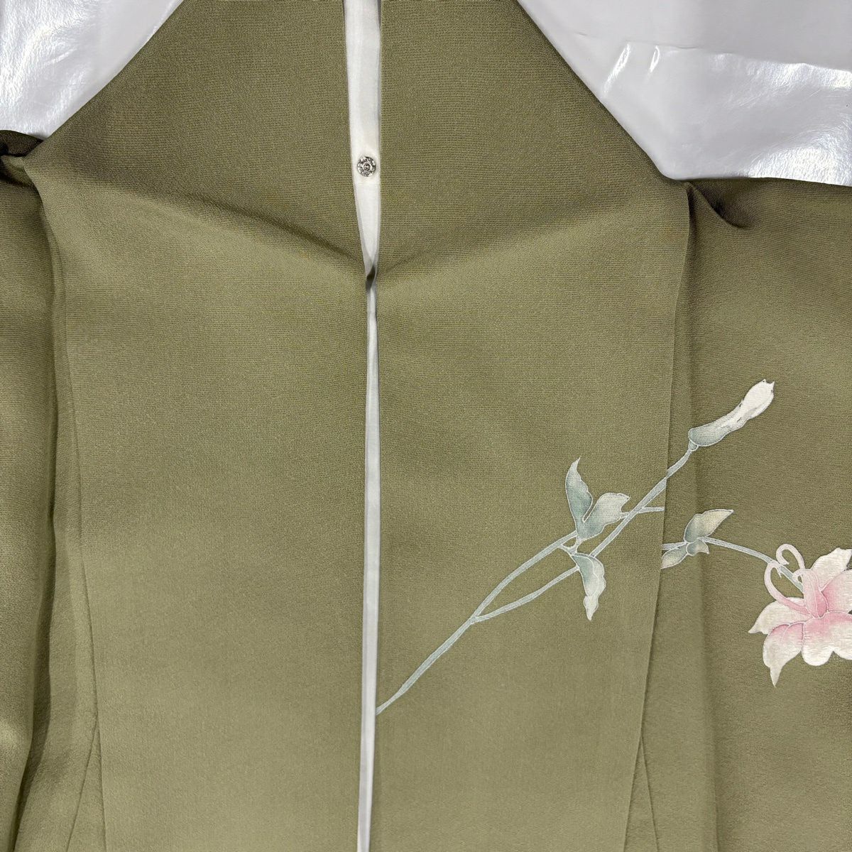 【美品】訪問服 身長157cm 袖長66cm M 雙層 草花紋紋 霞 金彩裝飾 染分 よもぎ色 純蠶絲 秀品級