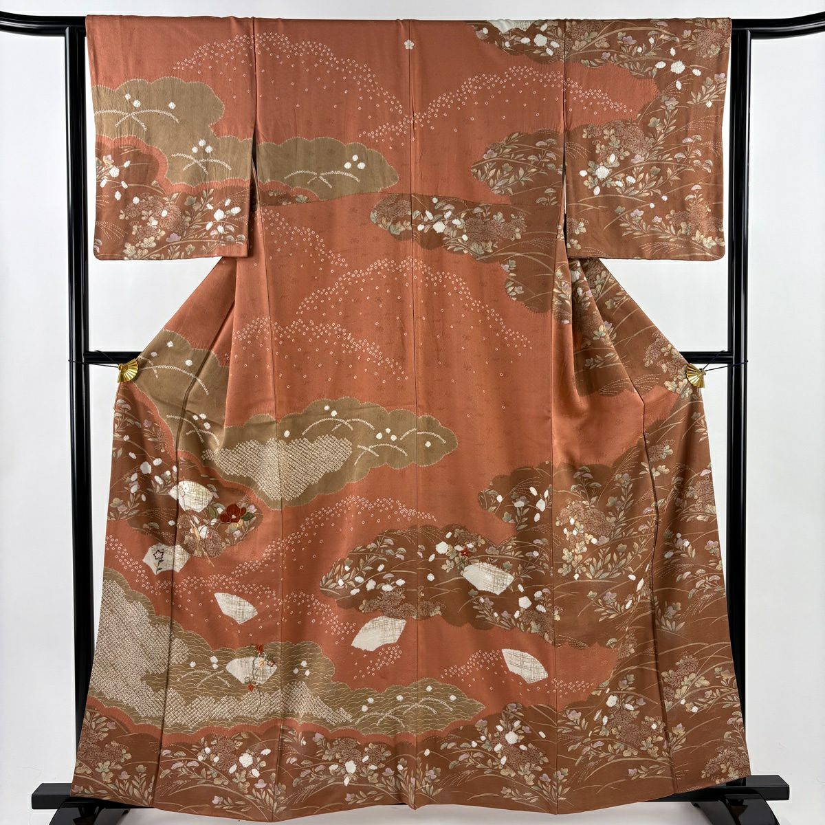 訪問服 身長158.5cm 袖長63cm S 雙層 扇子面 草花紋紋 刺繡 絞染 鮭粉色 純蠶絲 秀品級 一つ紋