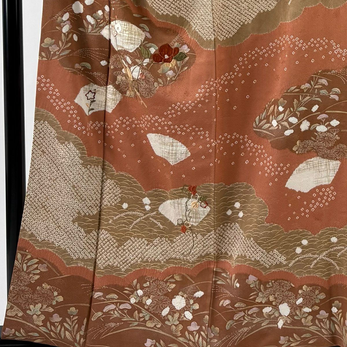 訪問服 身長158.5cm 袖長63cm S 雙層 扇子面 草花紋紋 刺繡 絞染 鮭粉色 純蠶絲 秀品級 一つ紋