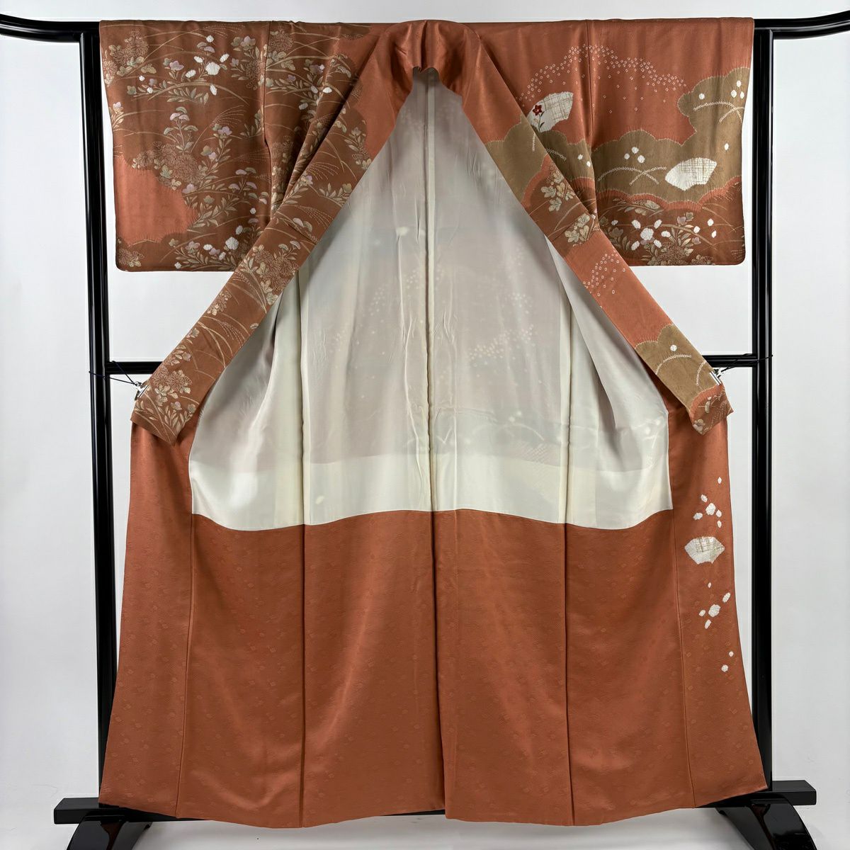 訪問服 身長158.5cm 袖長63cm S 雙層 扇子面 草花紋紋 刺繡 絞染 鮭粉色 純蠶絲 秀品級 一つ紋