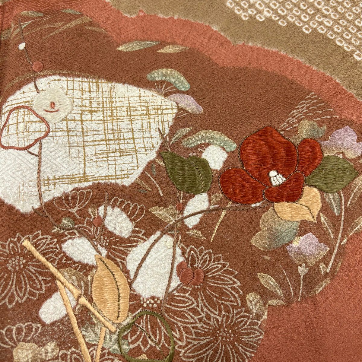 訪問服 身長158.5cm 袖長63cm S 雙層 扇子面 草花紋紋 刺繡 絞染 鮭粉色 純蠶絲 秀品級 一つ紋
