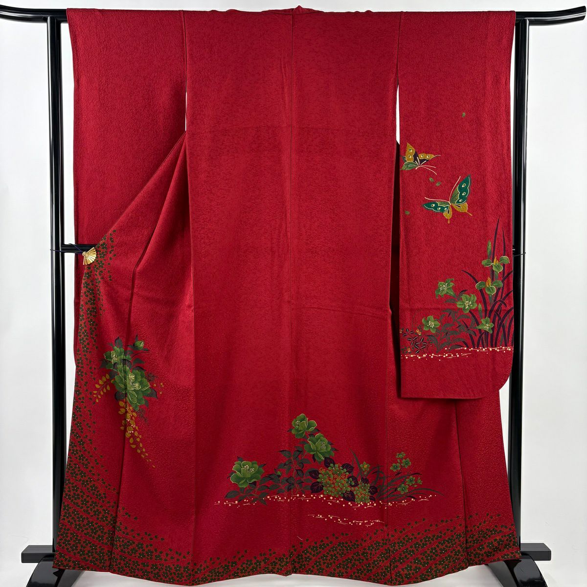 振袖禮服 身長162cm 袖長62cm S 雙層 草花紋紋 櫻花 金彩裝飾 紅 純蠶絲 秀品級