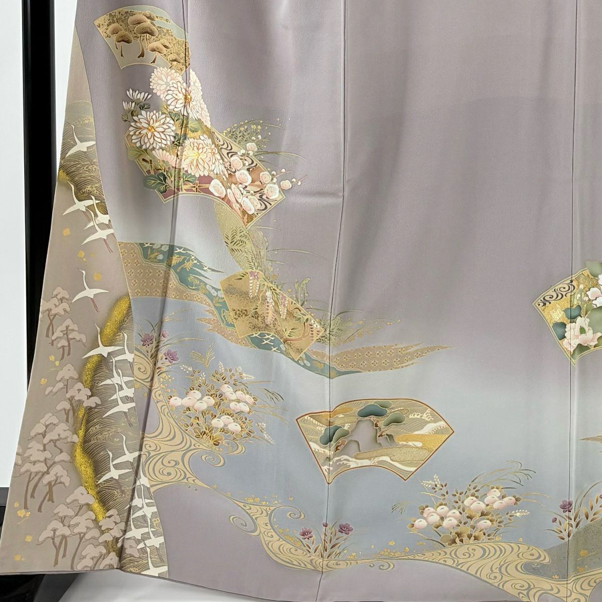 色留袖禮服 身長167cm 袖長65cm M 雙層 扇子面 仙鶴 金糸 金銀彩 灰紫 純蠶絲 秀品級 一つ紋