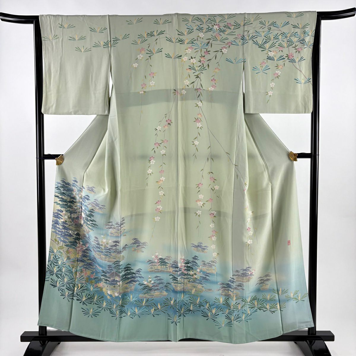訪問服 身長157cm 袖長64.5cm M 雙層 落款有 松樹竹子梅花 家屋 漸層 薄綠 純蠶絲 秀品級
