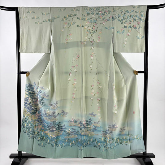 訪問服 身長157cm 袖長64.5cm M 雙層 落款有 松樹竹子梅花 家屋 漸層 薄綠 純蠶絲 秀品級