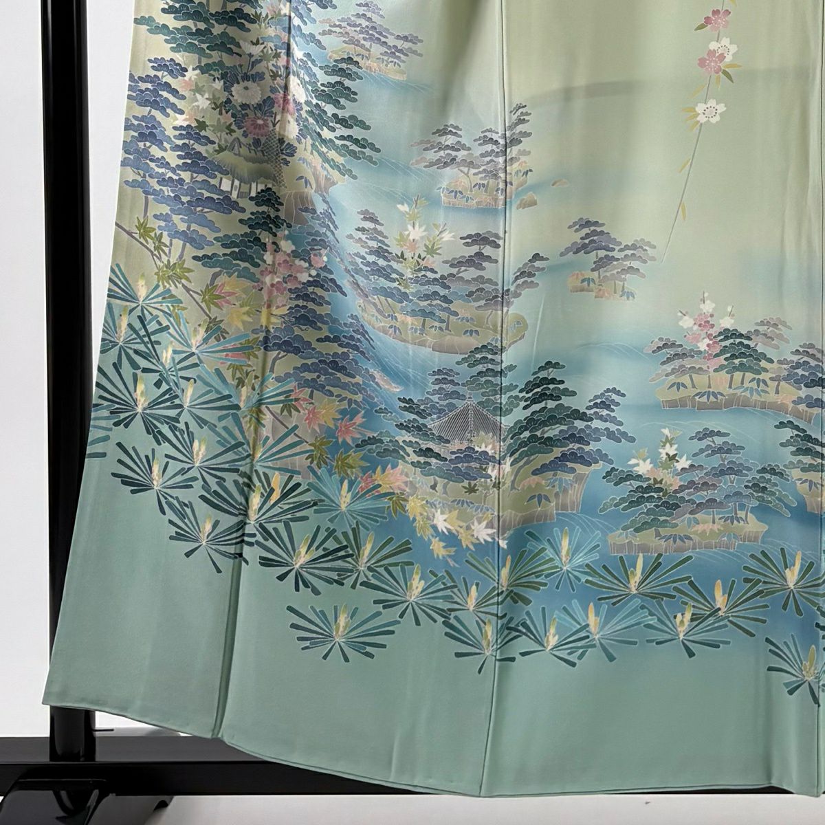 訪問服 身長157cm 袖長64.5cm M 雙層 落款有 松樹竹子梅花 家屋 漸層 薄綠 純蠶絲 秀品級