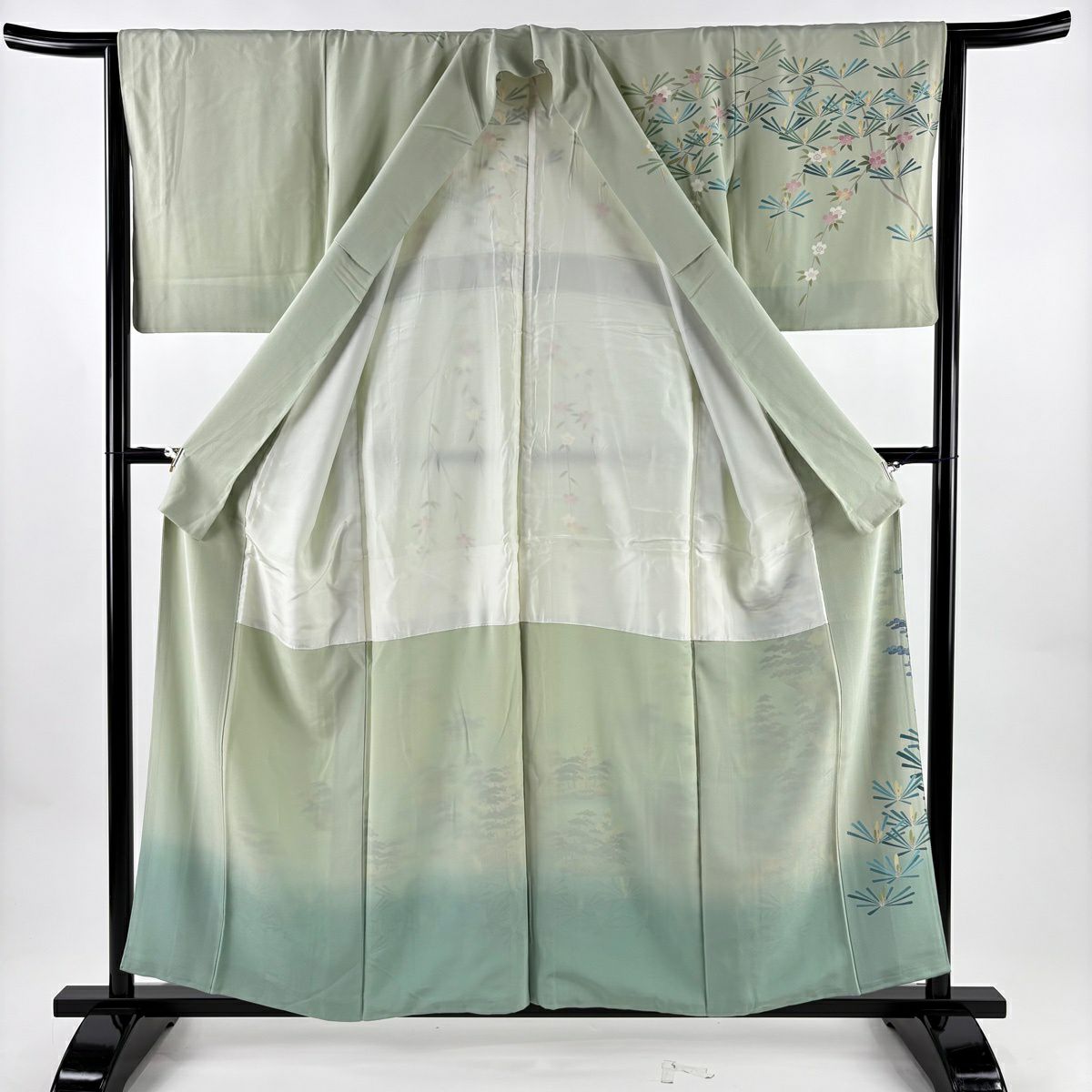 訪問服 身長157cm 袖長64.5cm M 雙層 落款有 松樹竹子梅花 家屋 漸層 薄綠 純蠶絲 秀品級