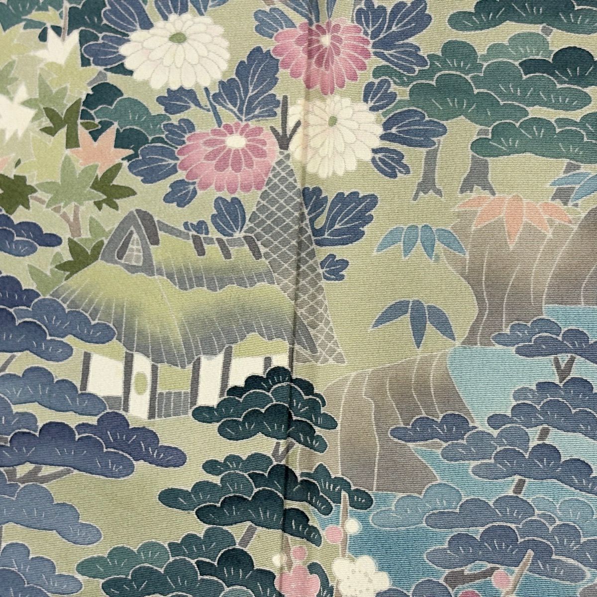 訪問服 身長157cm 袖長64.5cm M 雙層 落款有 松樹竹子梅花 家屋 漸層 薄綠 純蠶絲 秀品級