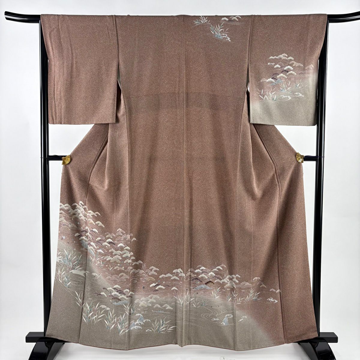 【美品】訪問服 身長161cm 袖長66.5cm M 雙層 松樹 流水 金彩裝飾 染分 小豆 純蠶絲 秀品級