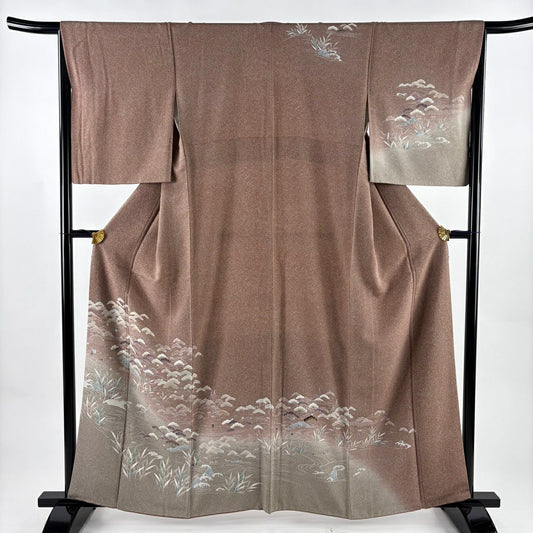 【美品】訪問服 身長161cm 袖長66.5cm M 雙層 松樹 流水 金彩裝飾 染分 小豆 純蠶絲 秀品級