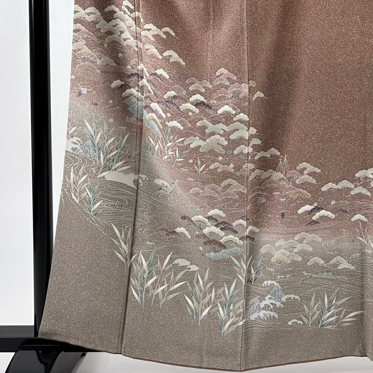 【美品】訪問服 身長161cm 袖長66.5cm M 雙層 松樹 流水 金彩裝飾 染分 小豆 純蠶絲 秀品級