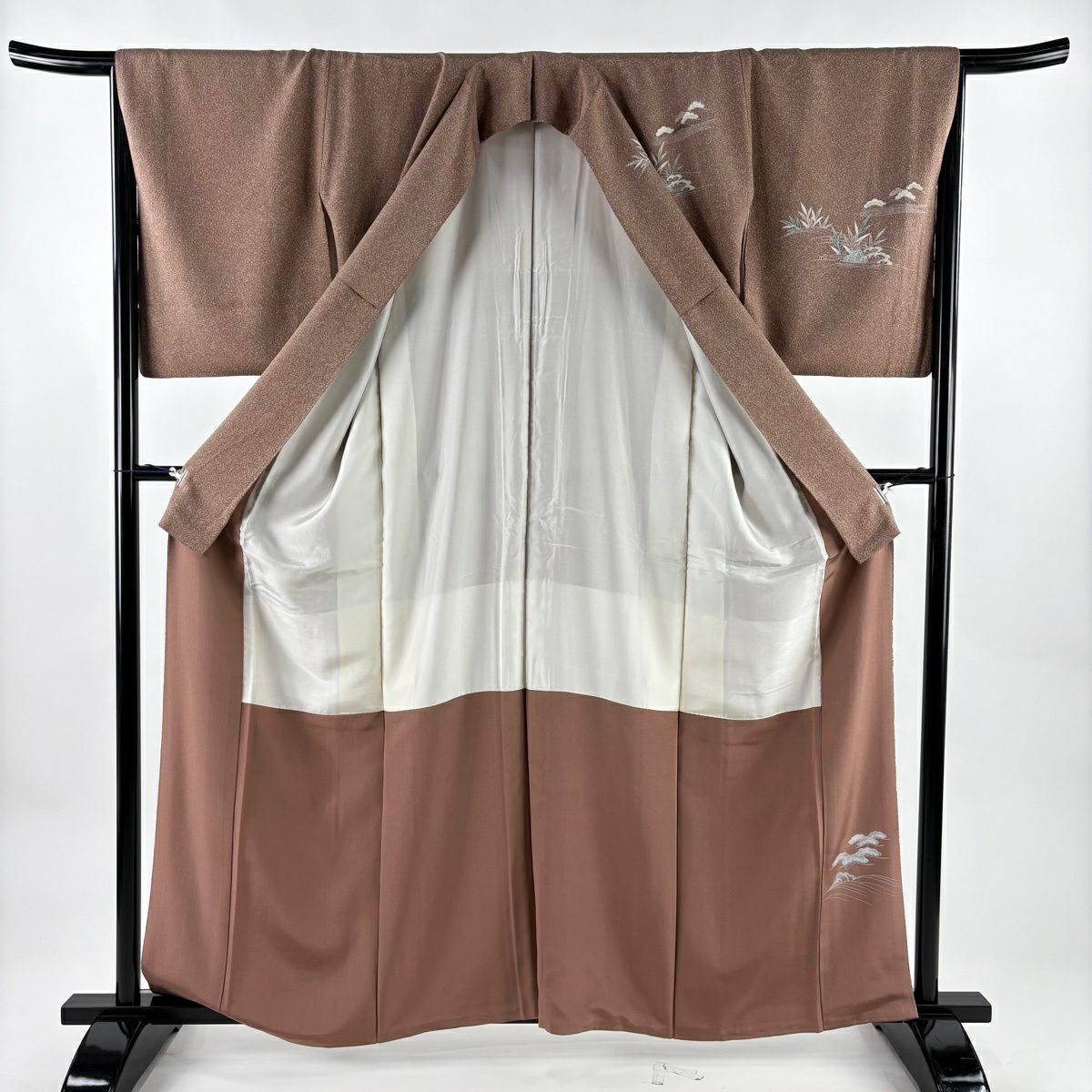 【美品】訪問服 身長161cm 袖長66.5cm M 雙層 松樹 流水 金彩裝飾 染分 小豆 純蠶絲 秀品級