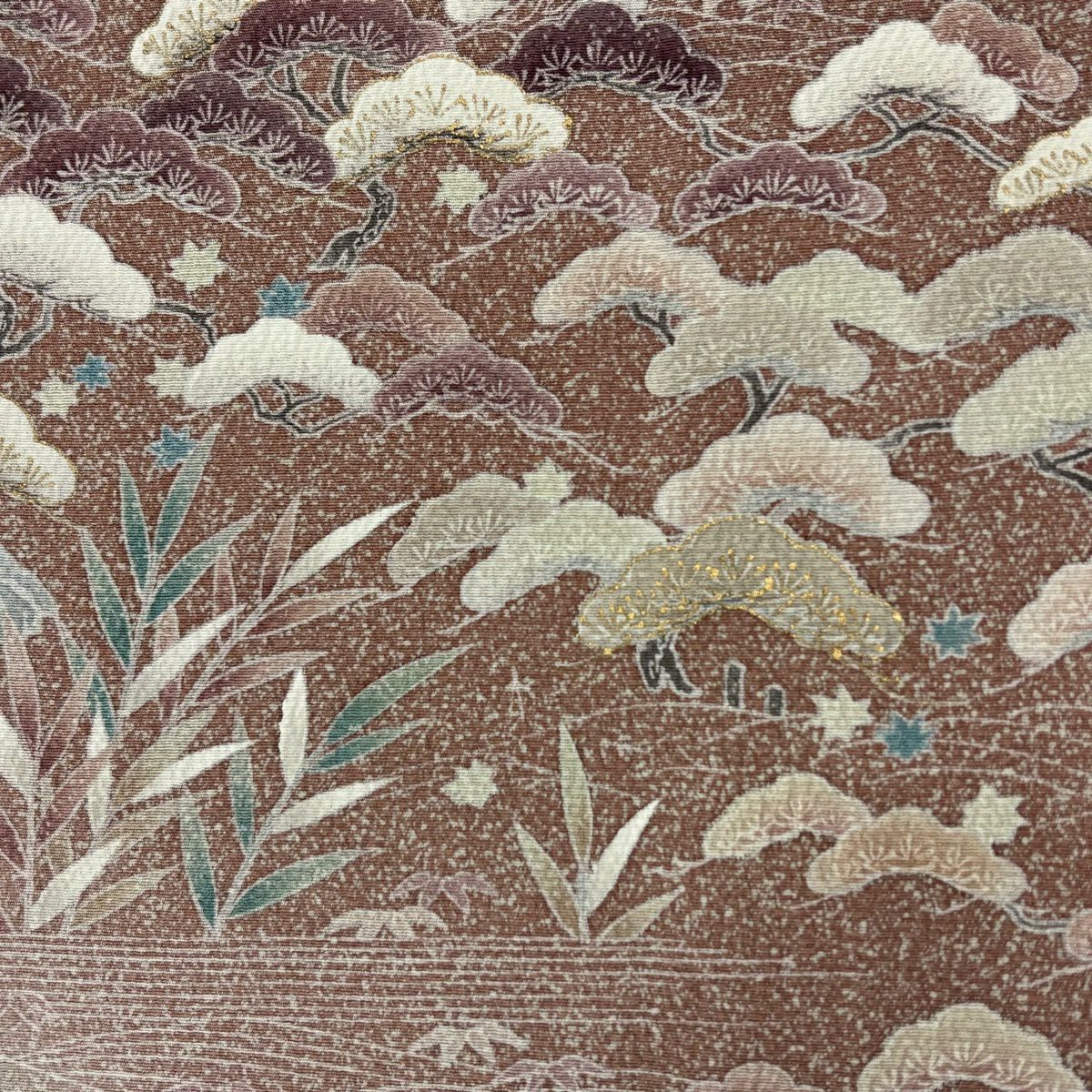 【美品】訪問服 身長161cm 袖長66.5cm M 雙層 松樹 流水 金彩裝飾 染分 小豆 純蠶絲 秀品級