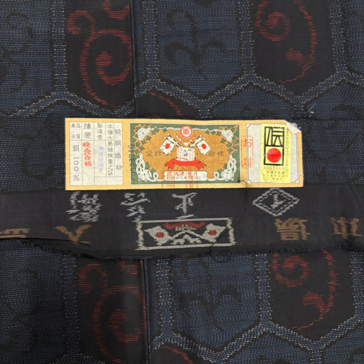 大島紬織 身長163cm 袖長64.5cm M 雙層 套裝 證書齊全 龜甲 唐草紋 深藍 純蠶絲 優品級