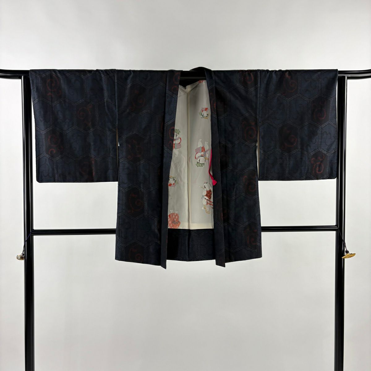 大島紬織 身長163cm 袖長64.5cm M 雙層 套裝 證書齊全 龜甲 唐草紋 深藍 純蠶絲 優品級