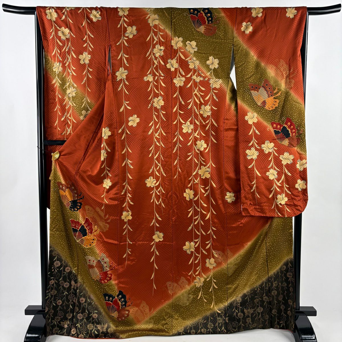 振袖禮服 身長171cm 袖長65.5cm M 雙層 蝶 枝垂櫻 金絲 金銀彩 紅茶 純蠶絲 秀品級