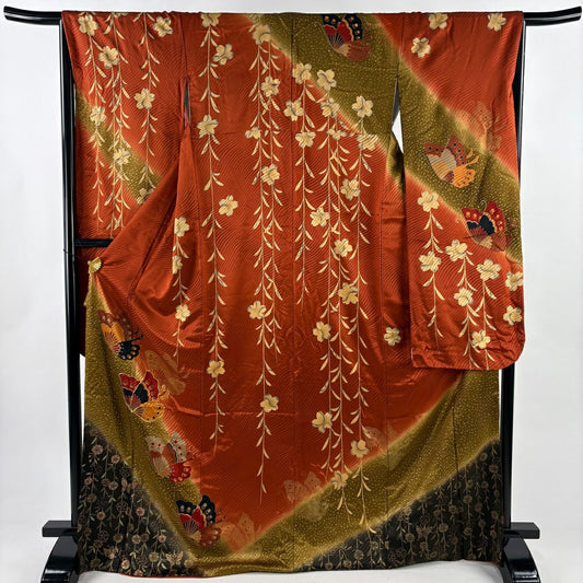 振袖禮服 身長171cm 袖長65.5cm M 雙層 蝶 枝垂櫻 金絲 金銀彩 紅茶 純蠶絲 秀品級