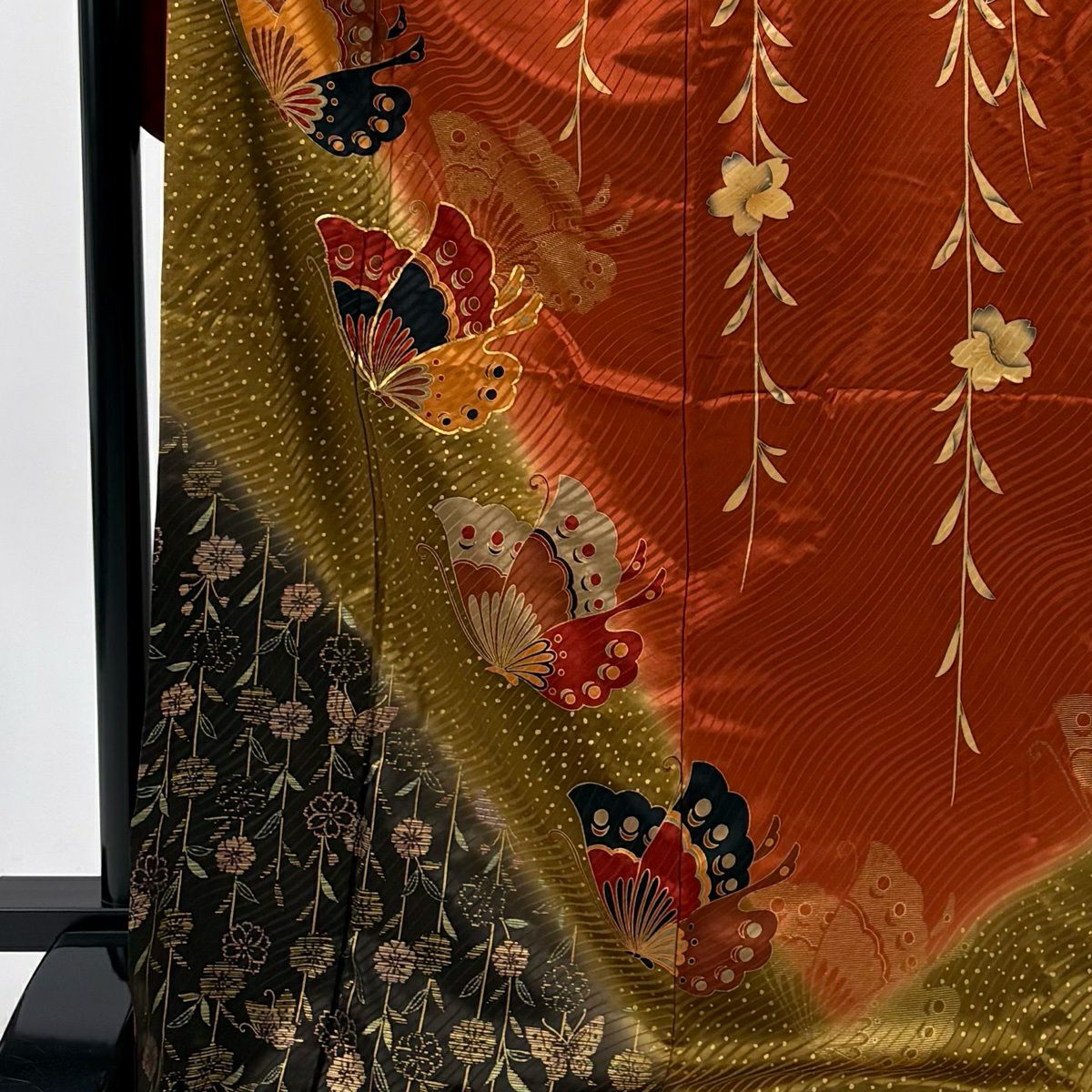 振袖禮服 身長171cm 袖長65.5cm M 雙層 蝶 枝垂櫻 金絲 金銀彩 紅茶 純蠶絲 秀品級