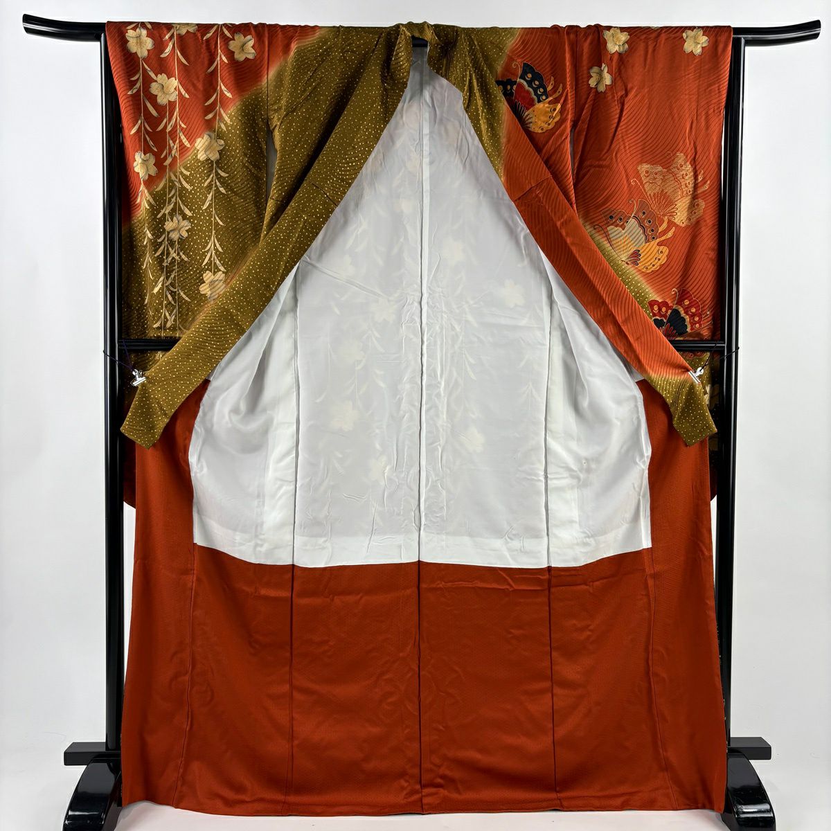 振袖禮服 身長171cm 袖長65.5cm M 雙層 蝶 枝垂櫻 金絲 金銀彩 紅茶 純蠶絲 秀品級