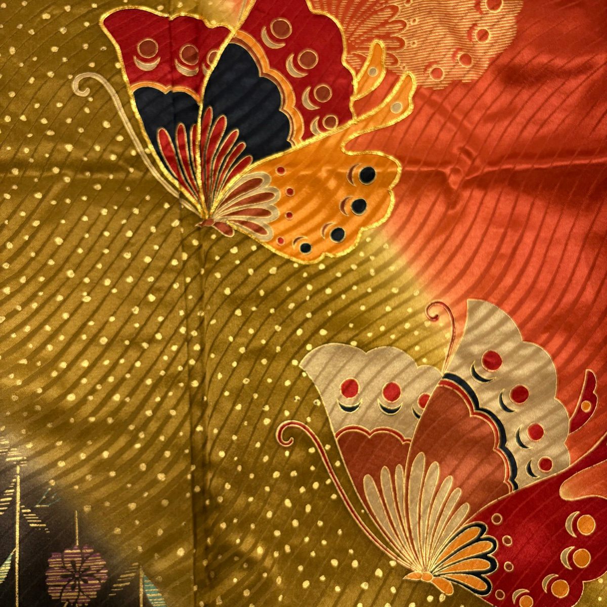 振袖禮服 身長171cm 袖長65.5cm M 雙層 蝶 枝垂櫻 金絲 金銀彩 紅茶 純蠶絲 秀品級