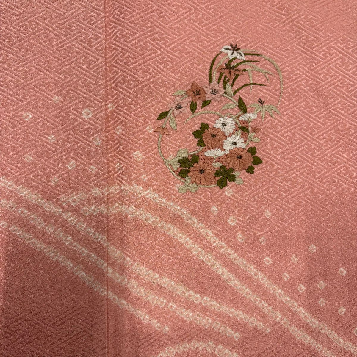 付下 身長160cm 袖長66cm M 雙層 花丸紋 波 刺繡 金線 粉紅 純蠶絲 優品級