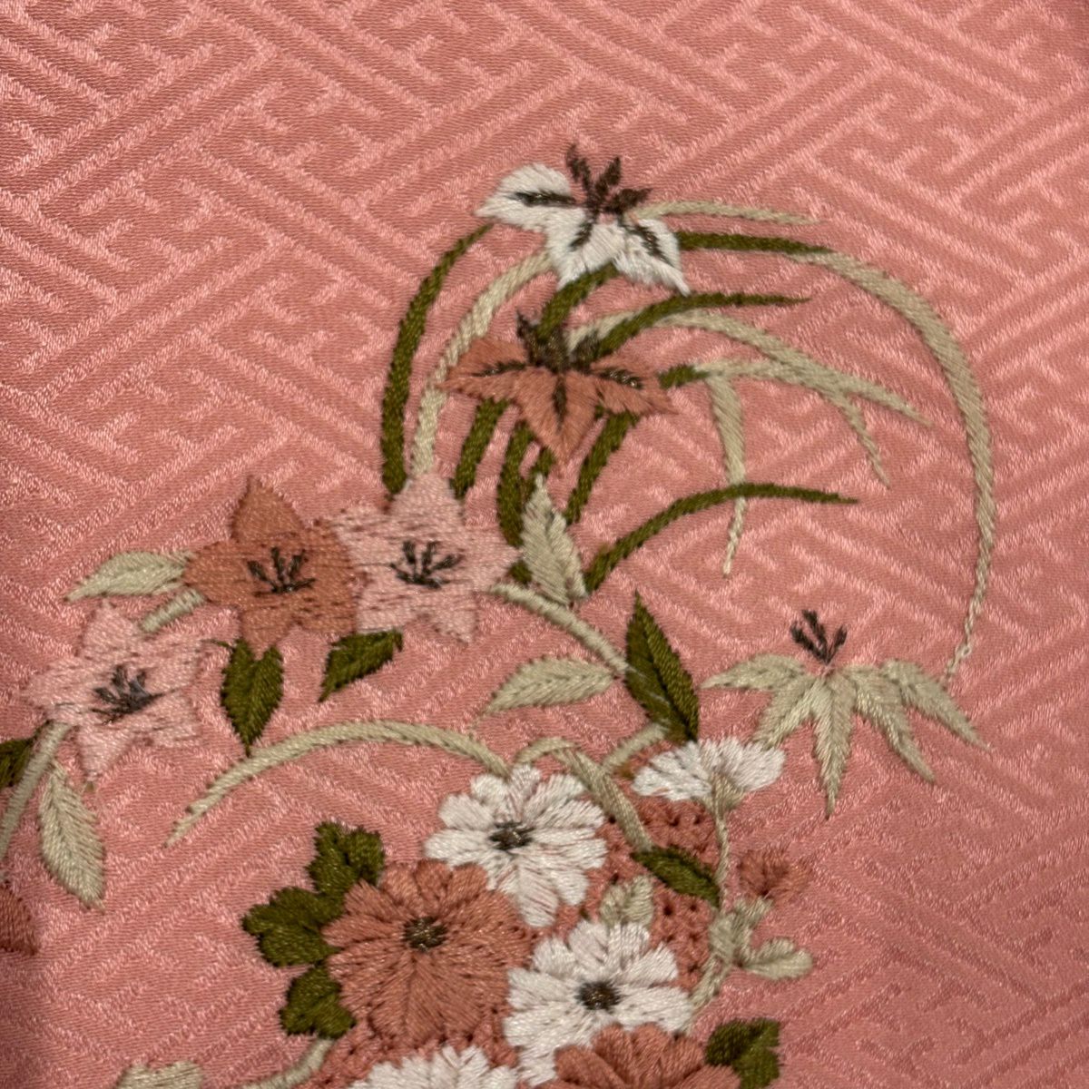 付下 身長160cm 袖長66cm M 雙層 花丸紋 波 刺繡 金線 粉紅 純蠶絲 優品級