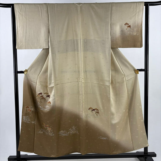 付下 身長154cm 袖長63.5cm S 雙層 笠松樹 秋草 刺繡 金銀彩 米色 純蠶絲 優品級