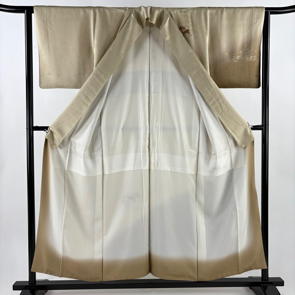 付下 身長154cm 袖長63.5cm S 雙層 笠松樹 秋草 刺繡 金銀彩 米色 純蠶絲 優品級