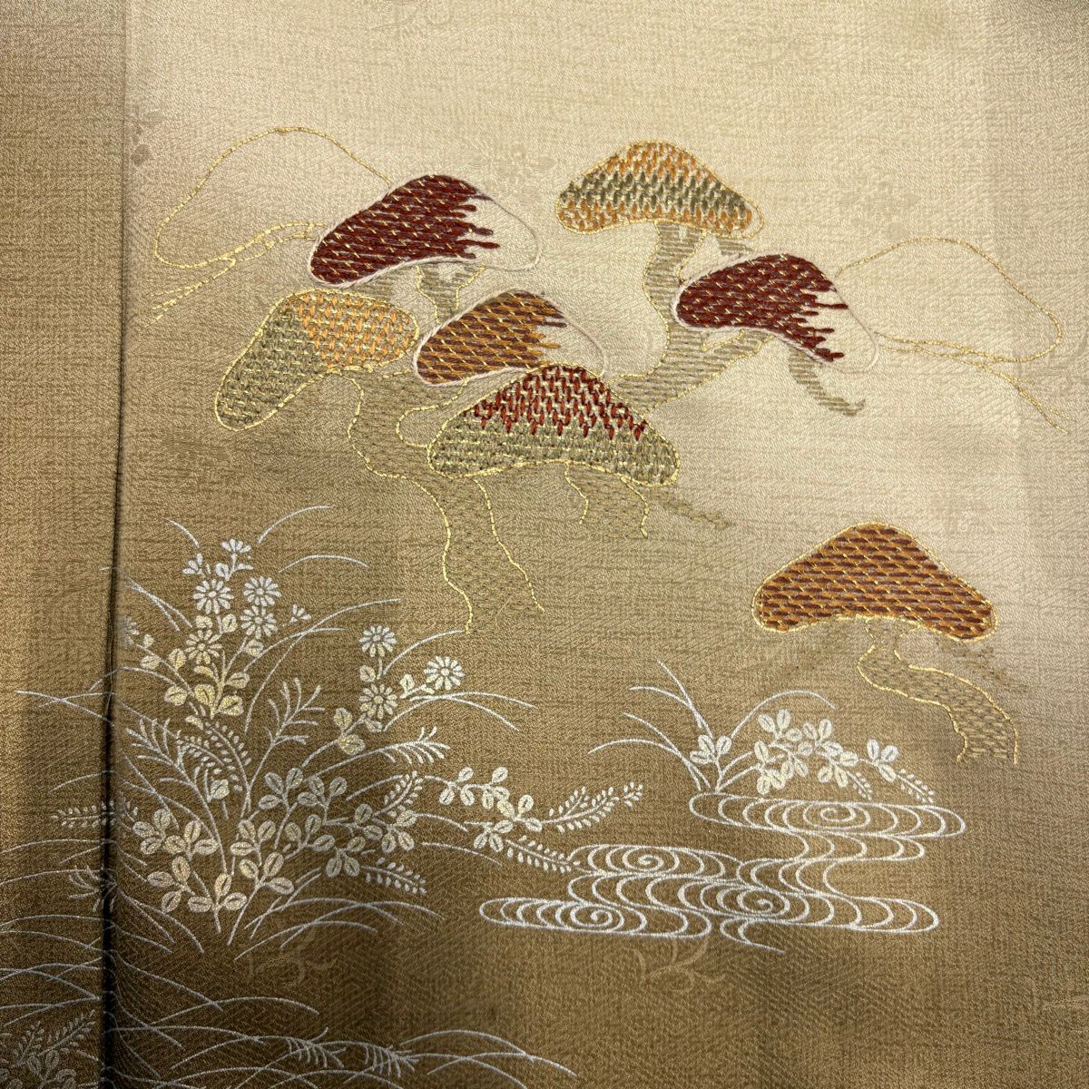 付下 身長154cm 袖長63.5cm S 雙層 笠松樹 秋草 刺繡 金銀彩 米色 純蠶絲 優品級