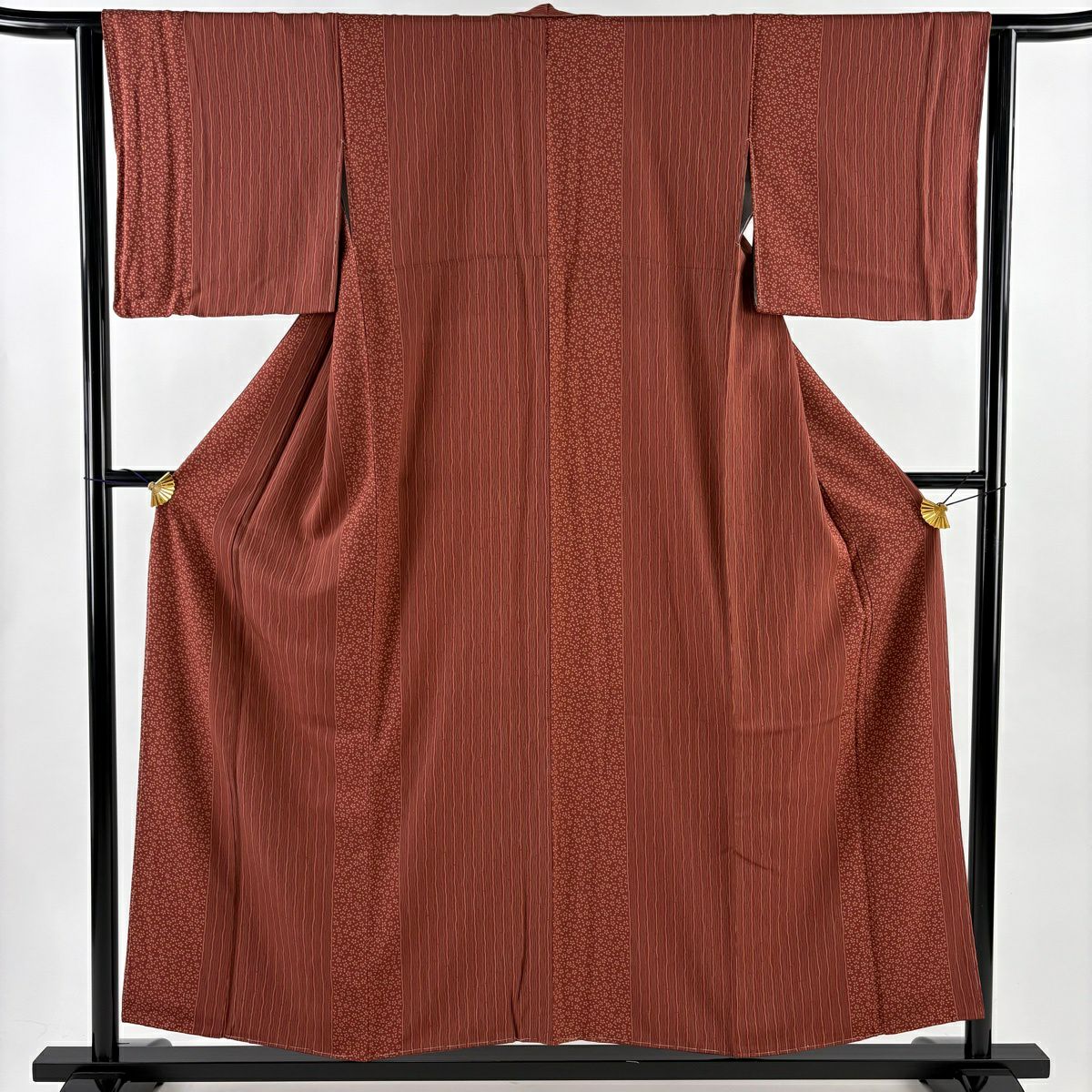 【美品】 小紋 身長154cm 袖長63cm S 雙層 櫻花 條紋 紅茶 純蠶絲 優品級