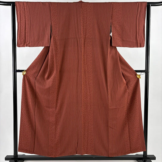 【美品】 小紋 身長154cm 袖長63cm S 雙層 櫻花 條紋 紅茶 純蠶絲 優品級