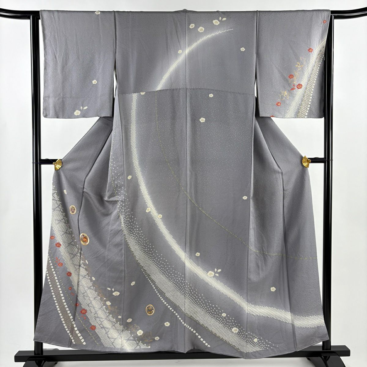 訪問服 身長154.5cm 袖長64cm M 雙層 草花紋紋 圓文 金絲 金銀彩 灰色 純蠶絲 秀品級