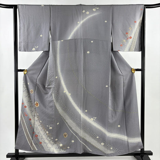 訪問服 身長154.5cm 袖長64cm M 雙層 草花紋紋 圓文 金絲 金銀彩 灰色 純蠶絲 秀品級