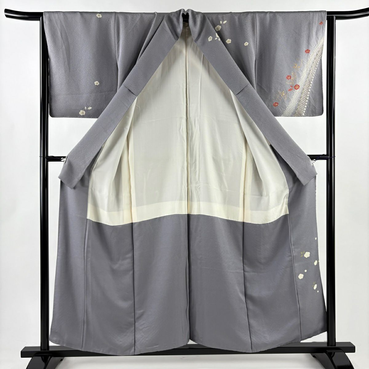 訪問服 身長154.5cm 袖長64cm M 雙層 草花紋紋 圓文 金絲 金銀彩 灰色 純蠶絲 秀品級