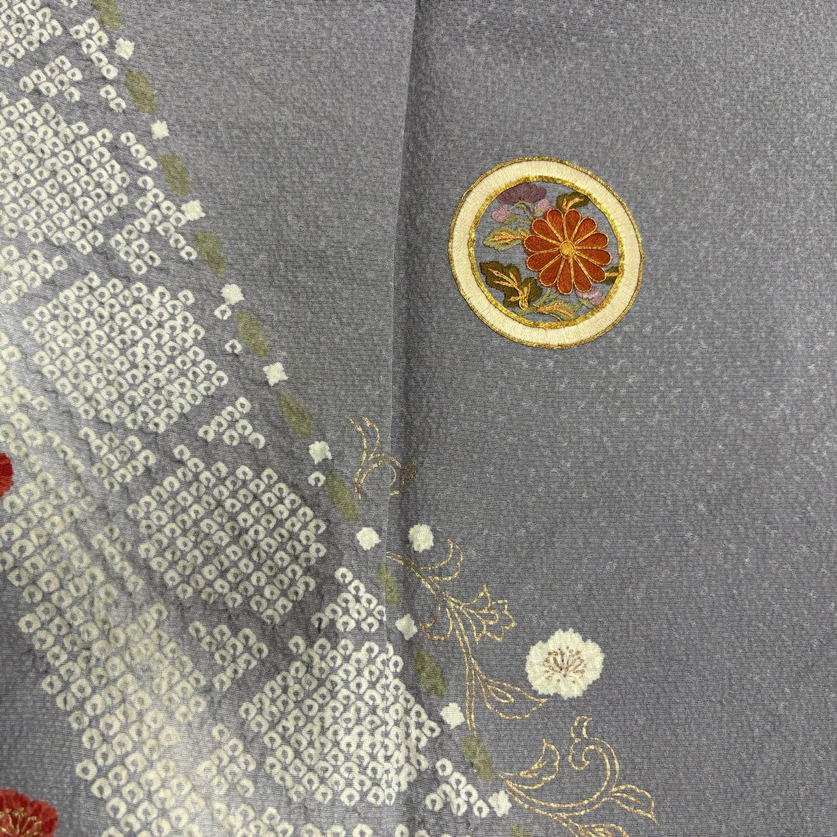 訪問服 身長154.5cm 袖長64cm M 雙層 草花紋紋 圓文 金絲 金銀彩 灰色 純蠶絲 秀品級