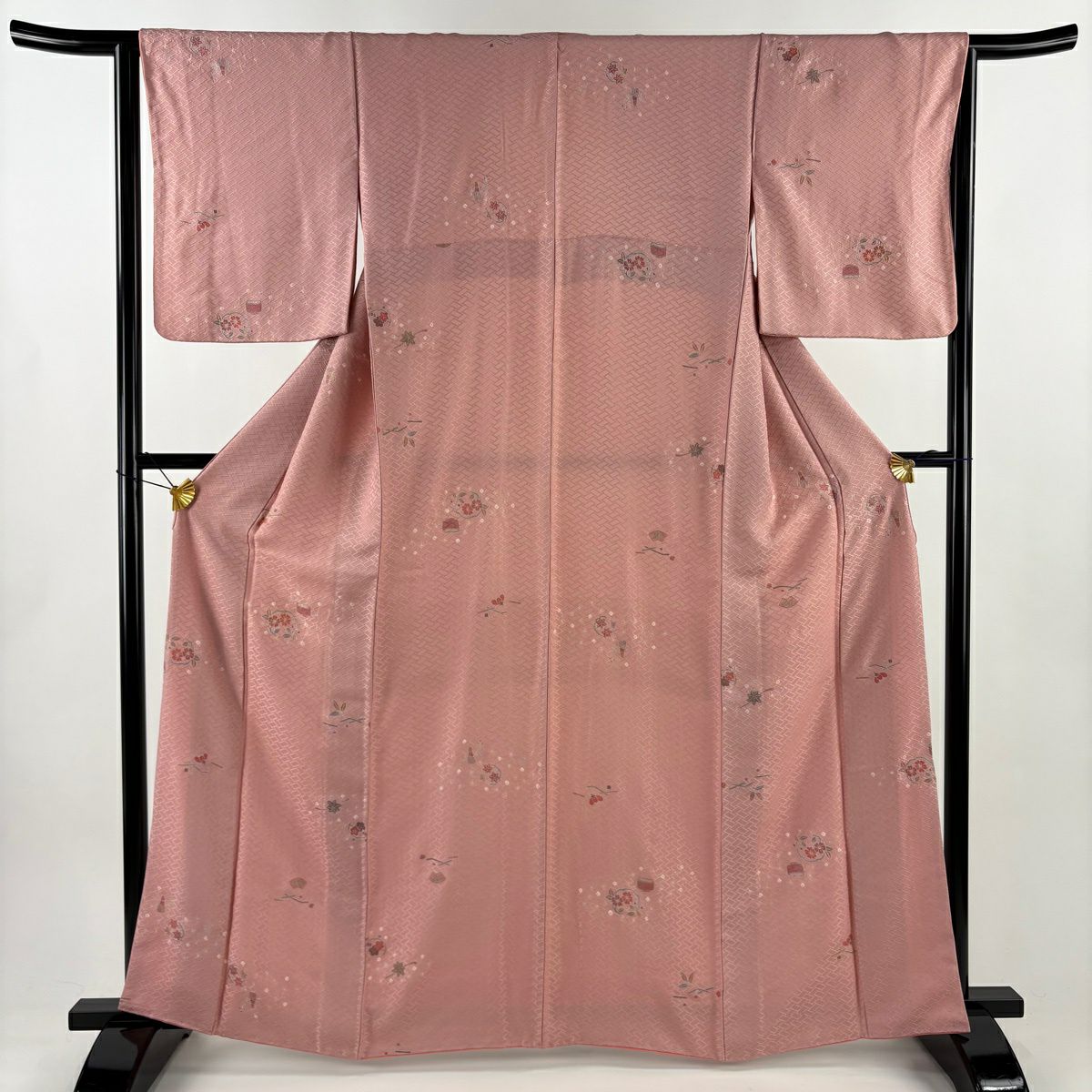 小紋 身長163cm 袖長64.5cm M 雙層 花丸紋 茶器 金銀彩 粉紅 純蠶絲 優品級