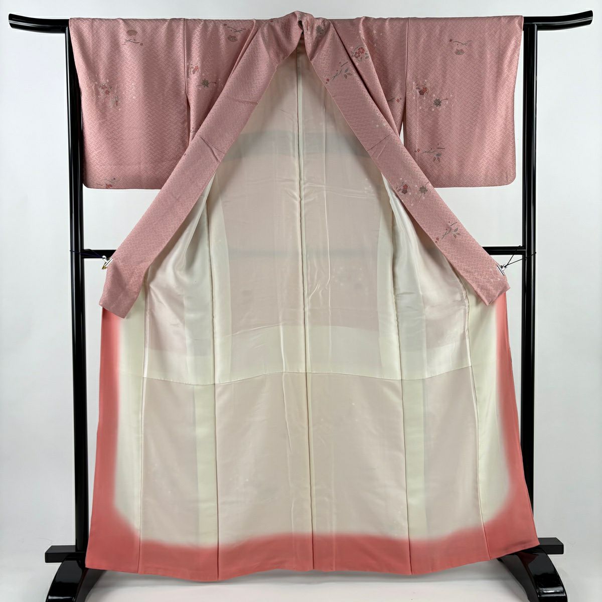 小紋 身長163cm 袖長64.5cm M 雙層 花丸紋 茶器 金銀彩 粉紅 純蠶絲 優品級