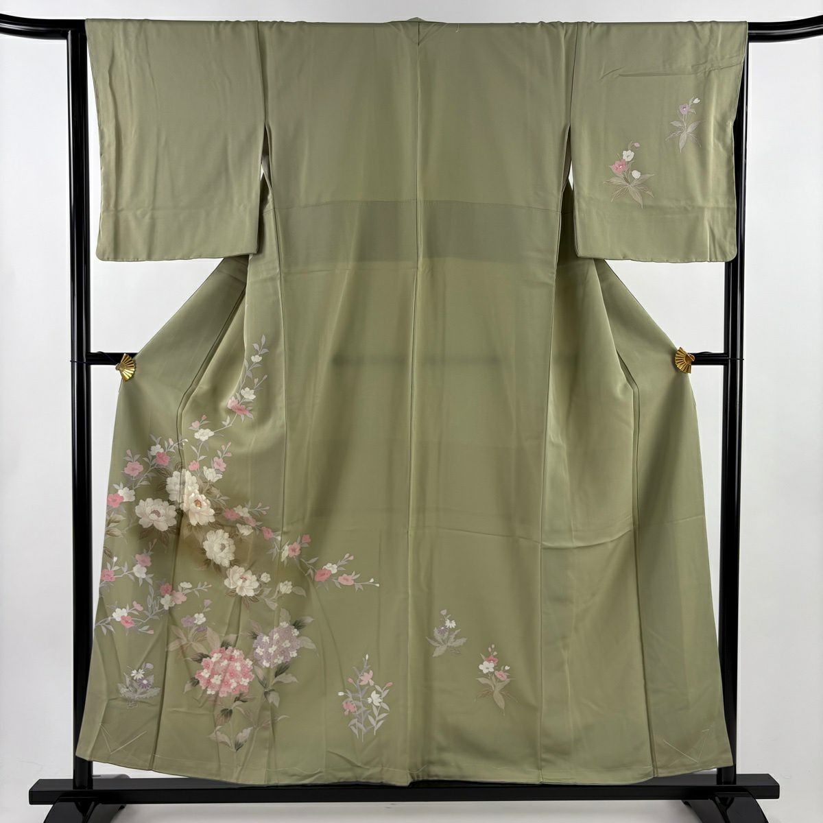 訪問服 身長156cm 袖長65cm M 雙層 ますいわ屋 紫陽花 枝花 金糸 刺繡 灰綠 純蠶絲 秀品級