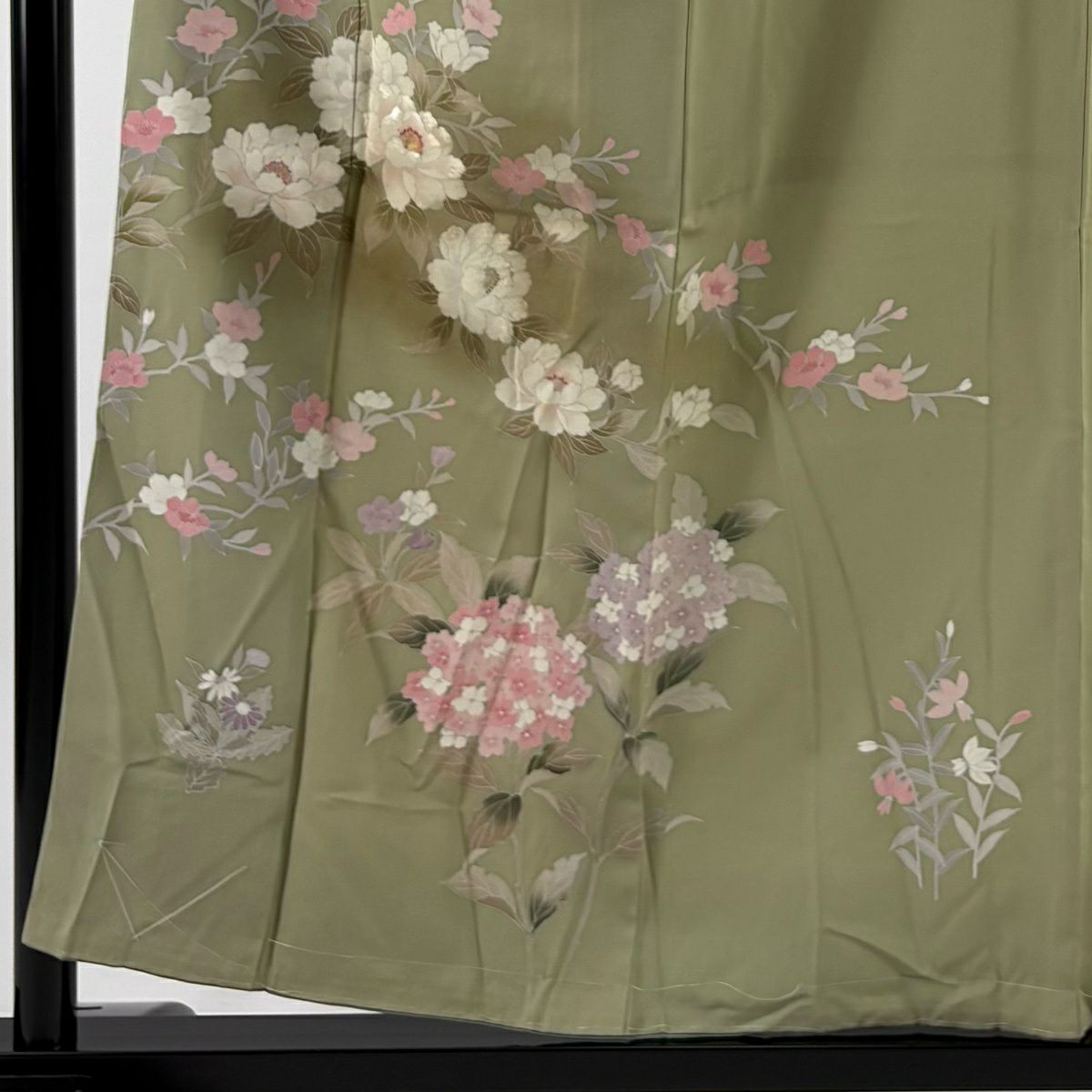 訪問服 身長156cm 袖長65cm M 雙層 ますいわ屋 紫陽花 枝花 金糸 刺繡 灰綠 純蠶絲 秀品級