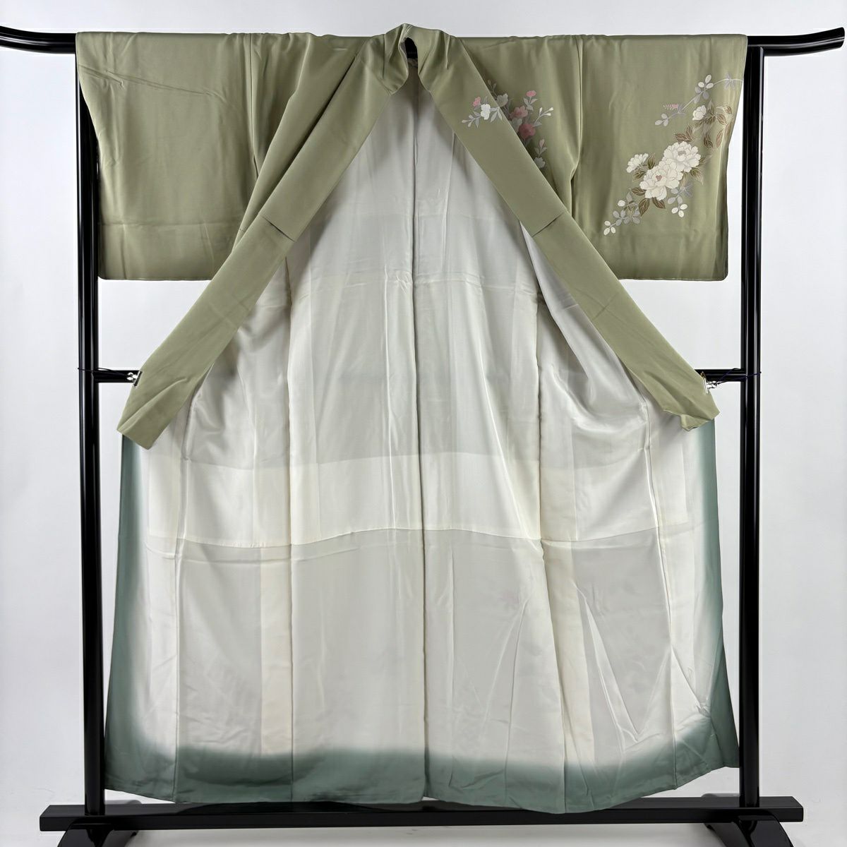 訪問服 身長156cm 袖長65cm M 雙層 ますいわ屋 紫陽花 枝花 金糸 刺繡 灰綠 純蠶絲 秀品級