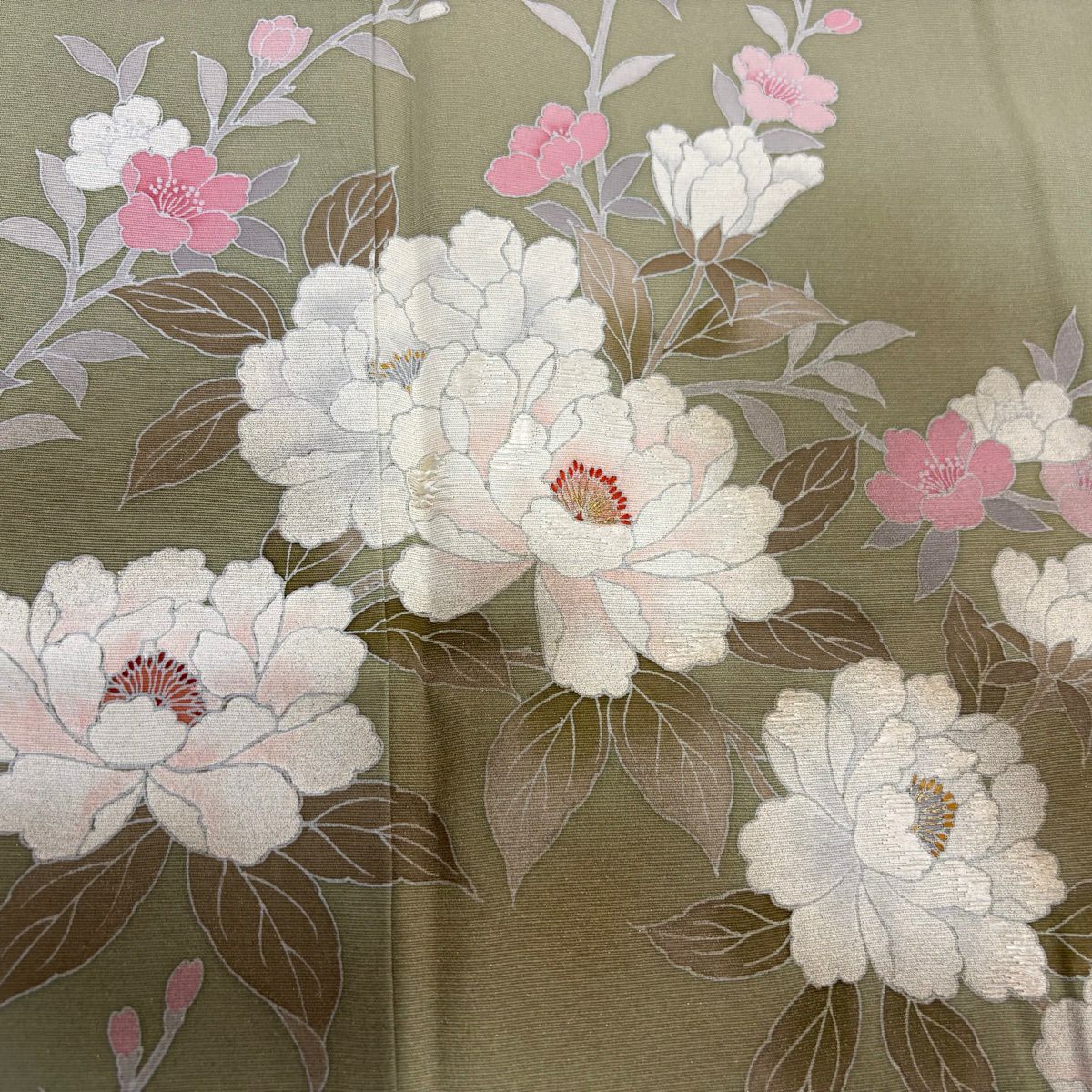 訪問服 身長156cm 袖長65cm M 雙層 ますいわ屋 紫陽花 枝花 金糸 刺繡 灰綠 純蠶絲 秀品級