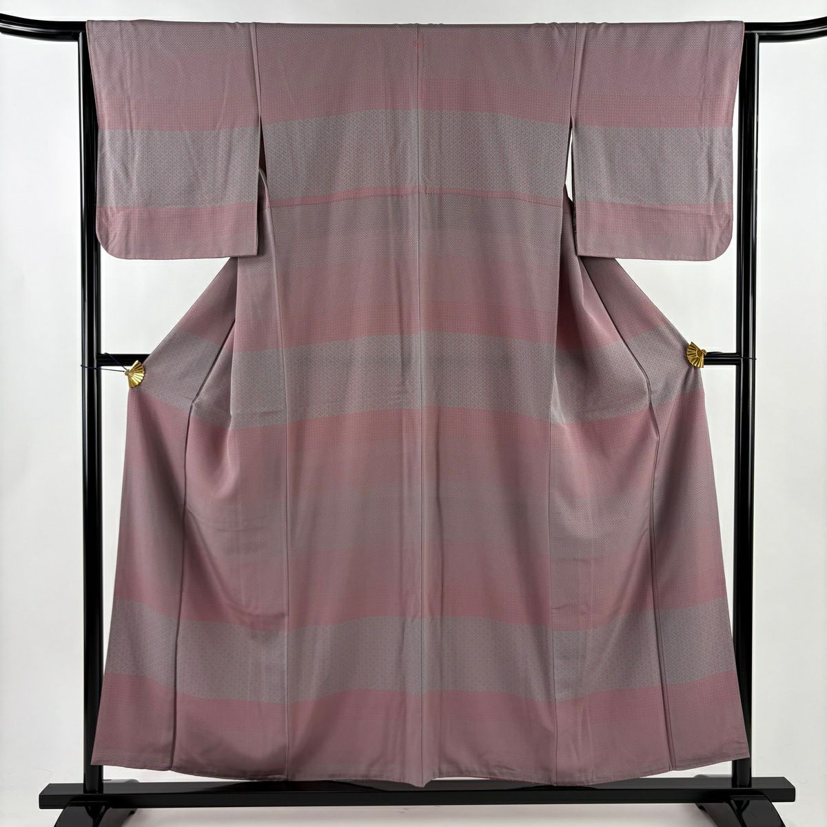 【美品】小紋 身長154cm 袖長64cm M 雙層 七寶 草花紋 灰色 純蠶絲 秀品級 一つ紋