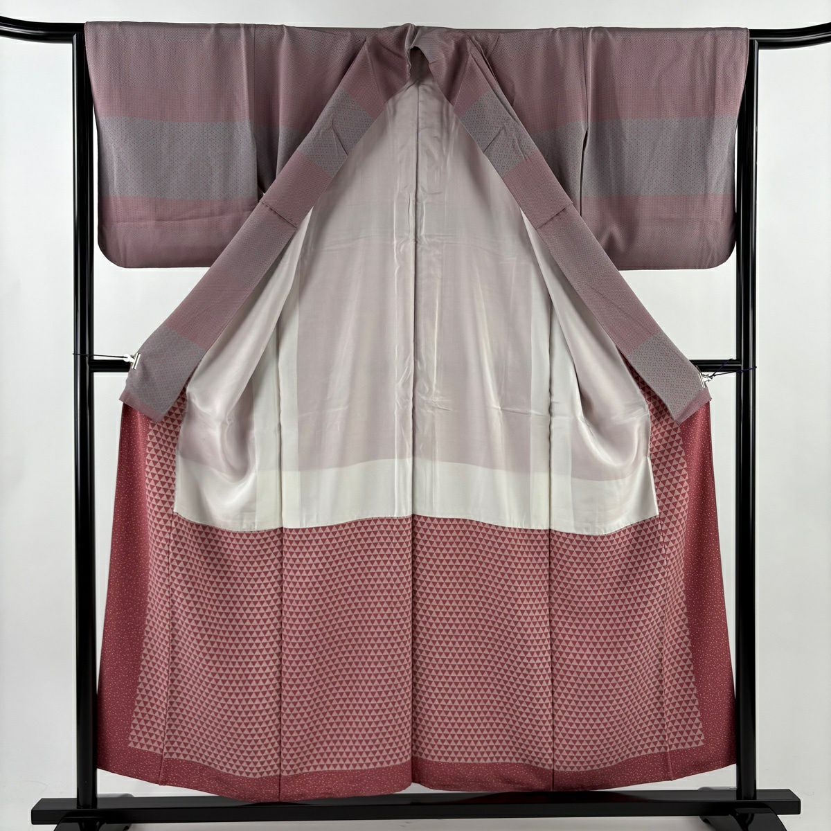 【美品】小紋 身長154cm 袖長64cm M 雙層 七寶 草花紋 灰色 純蠶絲 秀品級 一つ紋