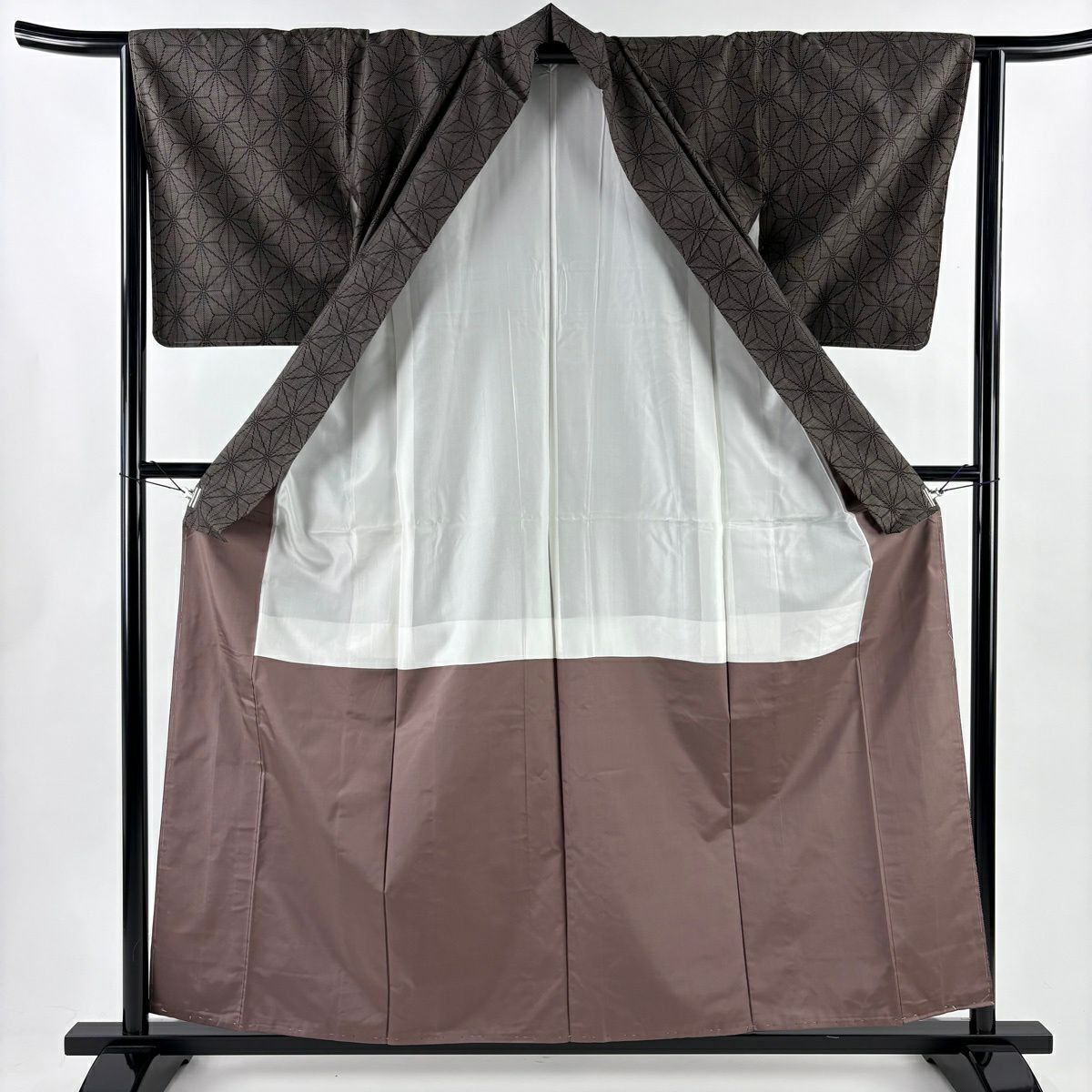 【美品】 紬織 身長158cm 袖長64cm M 雙層 麻葉 焦茶 純蠶絲 秀品級