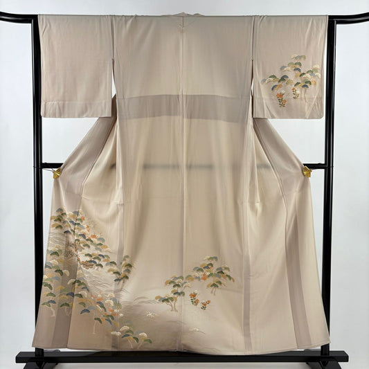【美品】訪問服 身長155cm 袖長63.5cm S 單層 松樹梅花 家屋 金銀彩 漸層 米色 純蠶絲 秀品級 一個紋